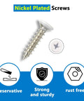 Close-up of nickel-plated screw showing durability features for 40 Small White L Brackets With 80 White Screws Set For Wood Projects