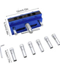 Adjustable Doweling Jig Kit For Perfectly Aligned Holes, Biscuit Joiner Set With Six Guide Bushings shown with measurements.