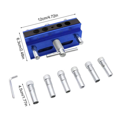 Adjustable Doweling Jig Kit For Perfectly Aligned Holes, Biscuit Joiner Set With Six Guide Bushings shown with measurements.