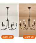 Six Light Black Farmhouse Chandelier With Classic Candle Style Modern Ceiling Fixture Adjustable Height Vintage Hanging Light For Dining Room Living Room Kitchen Island Entryway Or Restaurant, lights on and off view.