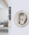 Round Pocket Door Privacy Latch Set For 35mm To 55mm Thick Doors Flush Mounted With Large Locking Lever in stainless steel