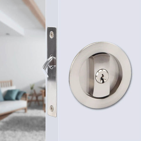 Round Pocket Door Privacy Latch Set For 35mm To 55mm Thick Doors Flush Mounted With Large Locking Lever in stainless steel
