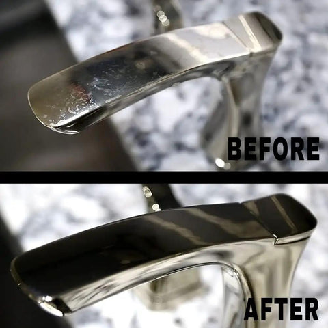 Before and after cleaning with Faucet Wax Plus 7.6oz USA Made Water Based Cleaner And Polish For Water Stains Fingerprints And More Metal Wax For Bronze Nickel Chrome Brass Granite Polish For Sinks And Faucets
