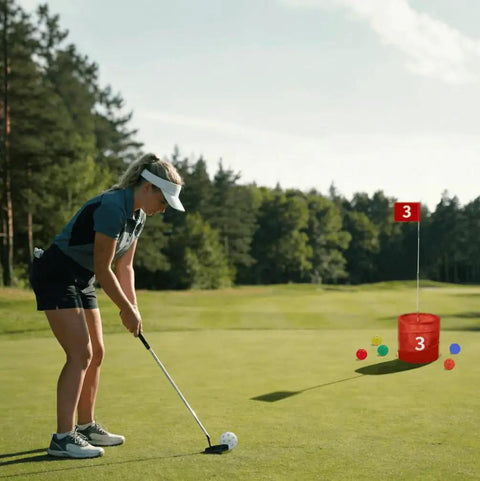 Woman playing yard golf aiming at bucket with Six Pack Replacement Backyard Golf Balls With Carry Bag For Bucket Game visible