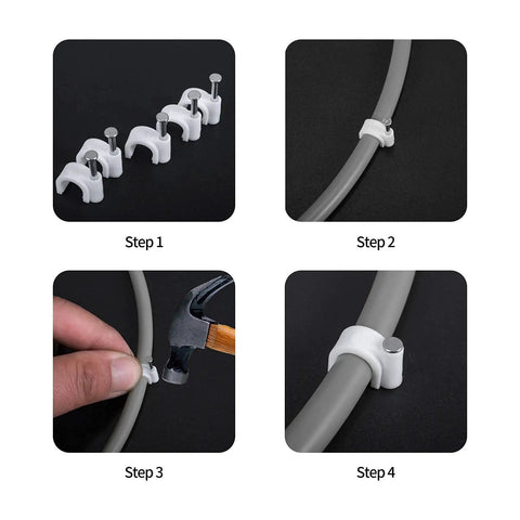 Cable Nail Clips Set 400 Pack With 4mm 6mm 8mm 10mm Sizes, Beefy Heavy Duty Steel Nails, White Finish, Rust Resistant And Easy Cable Organization For Home And Office installed on gray cable
