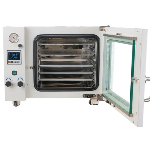 1.9 Cubic Foot Lab Vacuum Oven With 5 Shelves, open view showing five shelves and digital controls.
