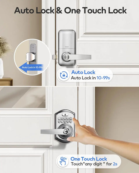 Slick Keyless Entry Door Lock Handle With Built In Keypad In Satin Nickel, features auto lock and one touch lock.