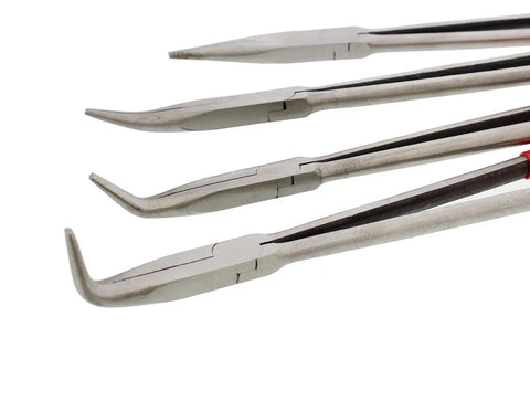 Long Reach 16 Inch Needle Nose Pliers Set Four Piece with 90 Degree Angle, 45 Degree Angle, Straight and Curved Tips for Tight Spaces