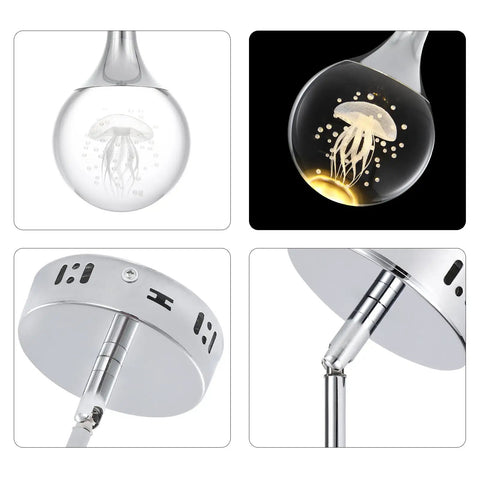 Close-up views of Mini Pendant Light With Dope Teardrop Crystal Jellyfish Pattern, Chrome Finish, 5W Globe LED, Warm White Glow