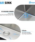Close-up of 15 x 17 Inch Undermount Bar Sink In 16 Gauge T304 Stainless Steel with R10 corner and X-drain features