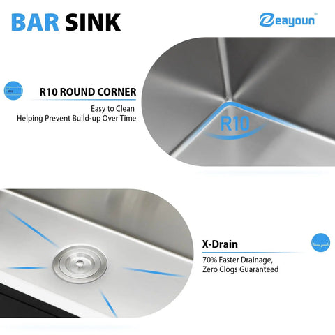 Close-up of 15 x 17 Inch Undermount Bar Sink In 16 Gauge T304 Stainless Steel with R10 corner and X-drain features
