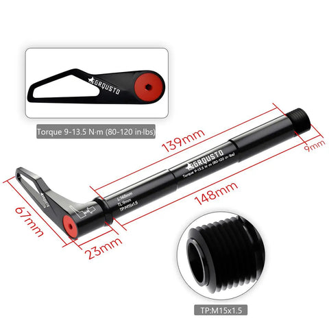 1.5mm Thread Pitch Front Thru Axle For RockShox Suspension Forks showing measurements, made of 6061 aluminum, 148mm length.