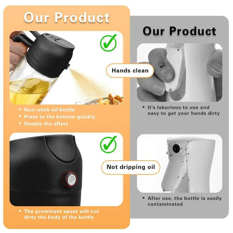 Slick Black 2 In 1 Oil Sprayer And Glass Dispenser For Kitchen Cooking Smooth Mist Spray Bottle 16 Oz with clean sprayer feature.