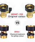 Heavy Duty Brass Garden Hose Shut Off Valve Set With 2 Valves And 4 Extra Washers Solid Brass One Way Connector Easy Hand Tighten On Off No Leaks No Fuss Three Quarter Inch GHT Thread For Lawn Garden And Pressure Washing - comparison of original vs treated valve color
