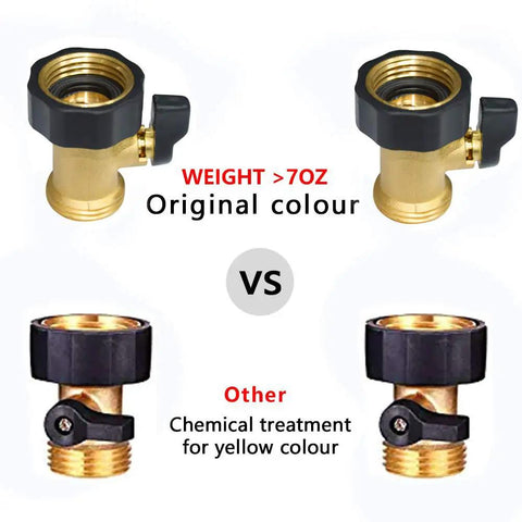Heavy Duty Brass Garden Hose Shut Off Valve Set With 2 Valves And 4 Extra Washers Solid Brass One Way Connector Easy Hand Tighten On Off No Leaks No Fuss Three Quarter Inch GHT Thread For Lawn Garden And Pressure Washing - comparison of original vs treated valve color