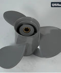 Beefy Aluminum Boat Propeller Nine And A Quarter By Ten Inch And Nine And A Quarter By Eight Inch For Honda Outboard Motors 9.9 15 20HP Eight Tooth Right Hand Rotation OEM 58130 ZV4 010AH, showing top view of gray propeller in close-up.