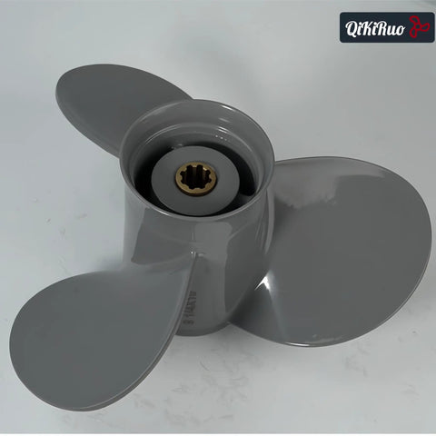 Beefy Aluminum Boat Propeller Nine And A Quarter By Ten Inch And Nine And A Quarter By Eight Inch For Honda Outboard Motors 9.9 15 20HP Eight Tooth Right Hand Rotation OEM 58130 ZV4 010AH, showing top view of gray propeller in close-up.