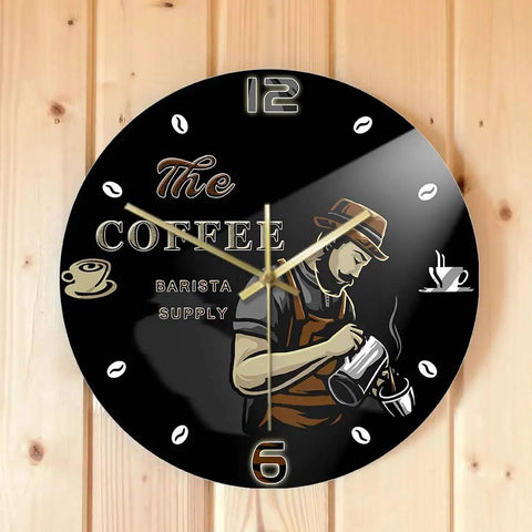 Barista Coffee Wall Clock 12 Inch Acrylic Print Battery Operated Silent Quartz Timepiece For Cafe Shop Decor Gift