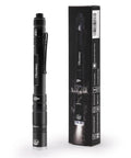 Rechargeable LED Pen Light Flashlight with 300 Lumens, IP67 waterproof, black with pocket clip, includes packaging box, 6.5 inch size