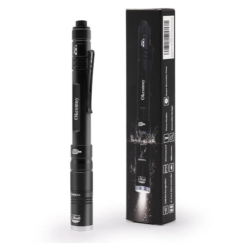 Rechargeable LED Pen Light Flashlight with 300 Lumens, IP67 waterproof, black with pocket clip, includes packaging box, 6.5 inch size