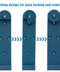 Solid And Slick Wood Track Rack System For Your Guide Rails With Easy Cam Lock Mount showing blue locking design for track saw mounts.