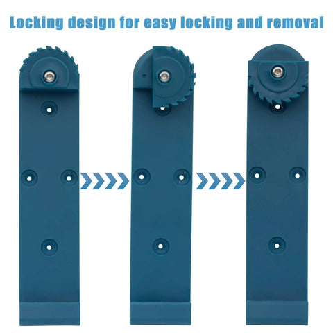 Solid And Slick Wood Track Rack System For Your Guide Rails With Easy Cam Lock Mount showing blue locking design for track saw mounts.