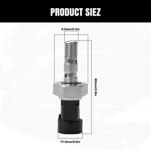 Brake pressure switch for Polaris; metal threaded shaft with hex nut and black plastic connector (front view)
