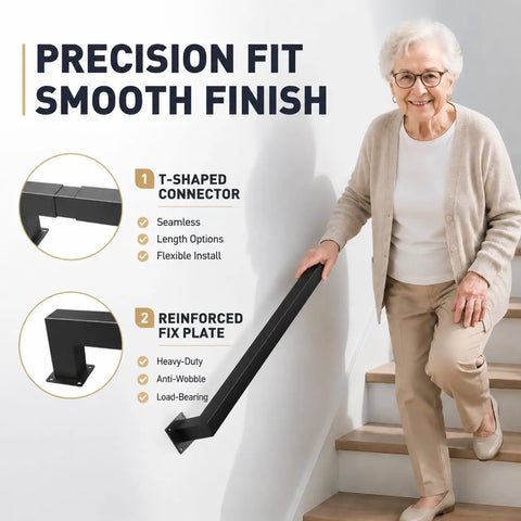 Eight Foot Wall Mount Stair Handrail Heavy Duty Steel Safety Grab Bar 500 Pound Capacity Indoor Outdoor Railing shown with user.