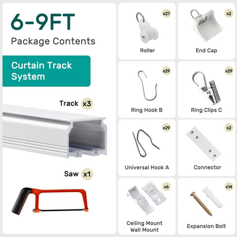 Ultra Quiet Ceiling Curtain Track Aluminum Rail White 6 To 9 Feet Heavy Duty With Sound Dampening Strips And Low Friction Pulleys For Smooth Drapery Operation package contents