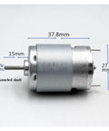 Rock Solid 385 Series DC Electric Motor 12V 18V 24V Multi Volt 9000RPM with knurled shaft and detailed measurements.