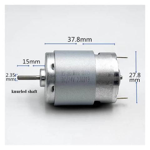 Rock Solid 385 Series DC Electric Motor 12V 18V 24V Multi Volt 9000RPM with knurled shaft and detailed measurements.