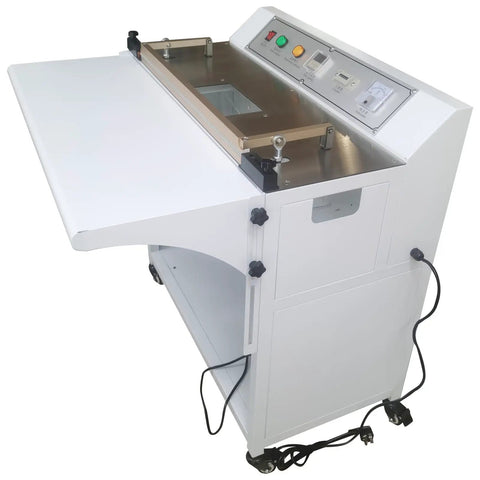 Yokoma Pneumatic Foot Sealer Shrink Bag Corner Cutter with precision trimmer and control panel for industrial PVC film packaging.