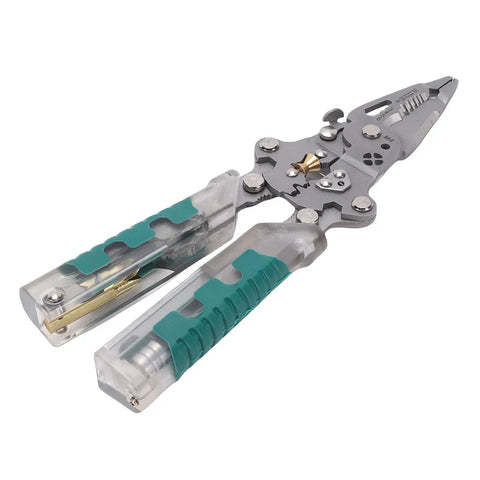 Heavy Duty 12 in 1 Wire Stripping Pliers With Voltage Tester Reminder, foldable design, ergonomic rubber grip.
