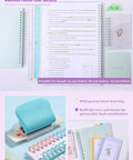 Blue six hole puncher for A4 A5 B5 loose leaf notebooks and scrapbooks with 20 26 30 hole configurations, showing punched paper refills.