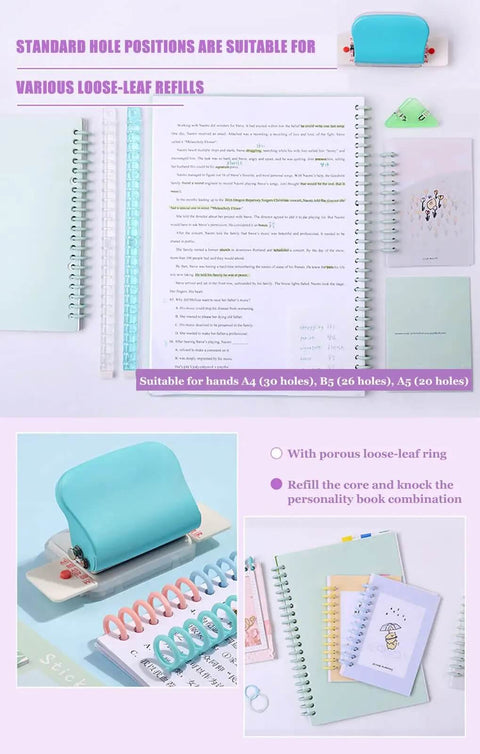 Blue six hole puncher for A4 A5 B5 loose leaf notebooks and scrapbooks with 20 26 30 hole configurations, showing punched paper refills.