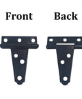 Front and back view of 6-Pack Heavy Duty 2 Inch T-Strap Hinges in Black Rustic Iron for outdoor sheds and gates, rustproof coating visible.