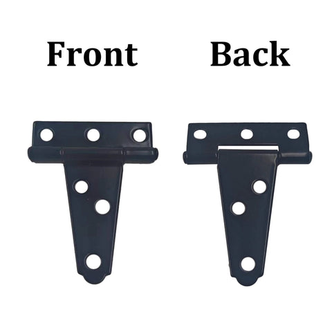 Front and back view of 6-Pack Heavy Duty 2 Inch T-Strap Hinges in Black Rustic Iron for outdoor sheds and gates, rustproof coating visible.
