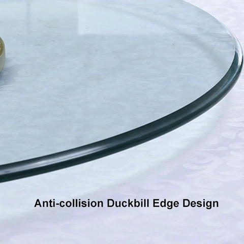 Close-up of clear glass edge on Glass Lazy Susan Rotating Turntable Tray With Smooth 360 Degree Spin For Dinner Table And Kitchen Round Swivel Serving Plate Stable And Quiet Dope Pick For Hotels 120 Cm (47 Inch) Clear.