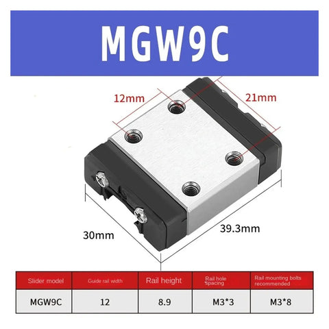 MGW9C carriage block dimensions from Precision Linear Rail Kit For 100 To 570mm With C Type And H Type Carriage Blocks For CNC And 3D Printer Builds.