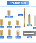 All In One Home Door Rekey Kit, 4 Tool DIY Set With Brass Bottom Pins, Pin Sizes 1 Through 6, 50 Pins Each, Quick And Easy Lock Rekeying For Front, Back And Patio Doors shown with dimensions