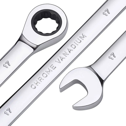 Nine Piece Spanner And Ratchet Wrench Set, Universal Socket Head Tools, chrome vanadium material, tools close-up view