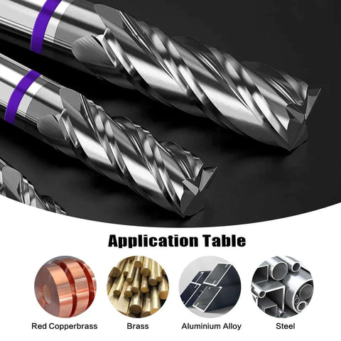2x Carbide square end mills, 1/2-inch shank, 4-flute, silver with purple bands (angled view)