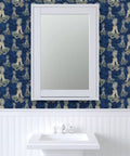 Little Rococo PVC Free Wallpaper Featuring Heavy Duty Poly Blend With Smooth Linen Texture For Kitchens Bathrooms And Mudrooms, blue design with mirror.