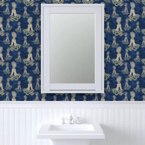 Little Rococo PVC Free Wallpaper Featuring Heavy Duty Poly Blend With Smooth Linen Texture For Kitchens Bathrooms And Mudrooms, blue design with mirror.