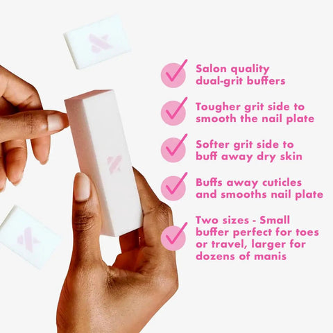 Buffer Pack With One Full Size And Two Mini Buffers For Manis And Pedis A Fast Gentle Multi Grit Set shown with uses listed