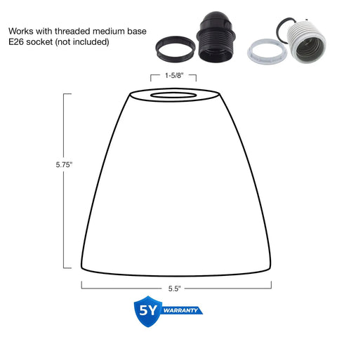 Diagram of Clear Glass Lamp Shades 3-Pack Modern Cone Shape 6x5.75 Inch dimensions with medium base socket components.