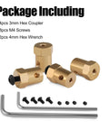 Package showing 4 Pack Hex Couplers With 4mm Bore Brass Shaft Couplings For RC Cars And Model Motors, screws and wrenches