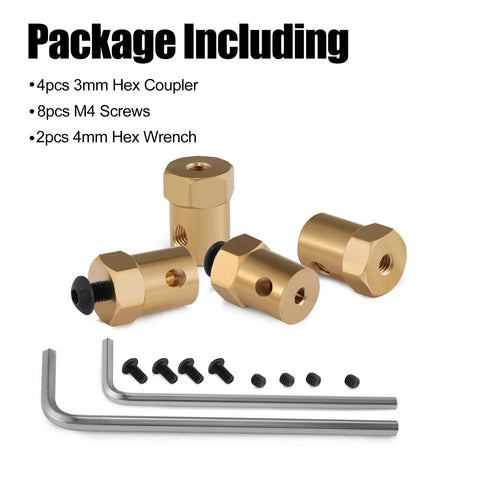 Package showing 4 Pack Hex Couplers With 4mm Bore Brass Shaft Couplings For RC Cars And Model Motors, screws and wrenches