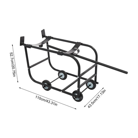 Huge Heavy Duty 55 Gallon Drum Cradle With 600 Lbs Capacity And Retractable Drawbar, black steel roller cart side view.