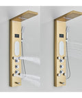 RIBEUJIZS Digital Shower System showing Gold Shower Panel Column with various water modes and controls, stainless steel material.